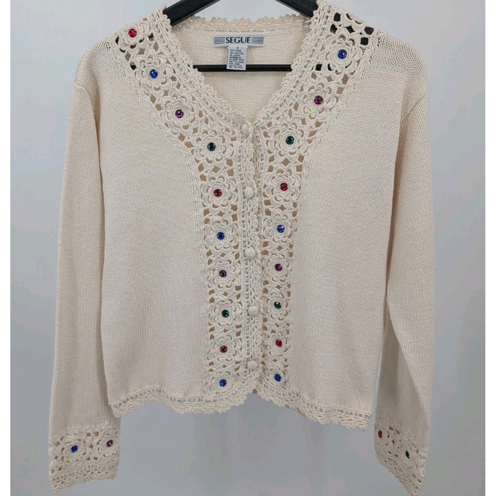 Vtg Seque Knit Cardigan Jeweled Crotchet Ramie Cream Sweater Size S Cottagecore